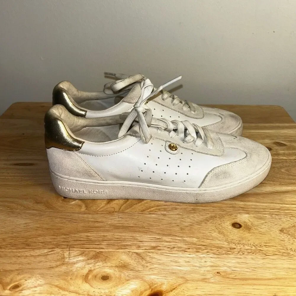 Michael Kors Womens White Leather Gold Accent Sneakers Shoes Size 7M FT24K